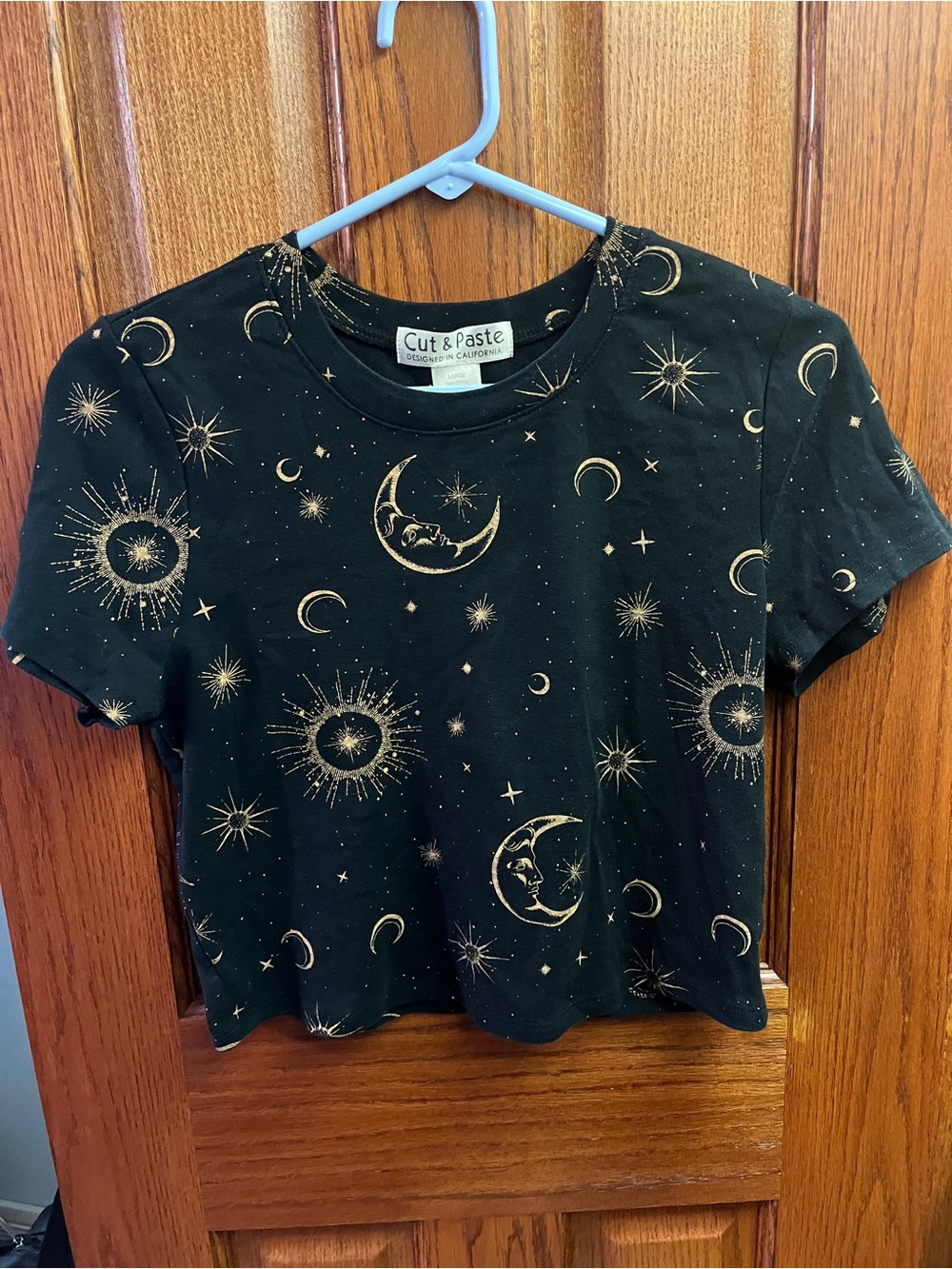 Cut & Paste Black Celestial Moon Star Print Cropped T-Shirt L